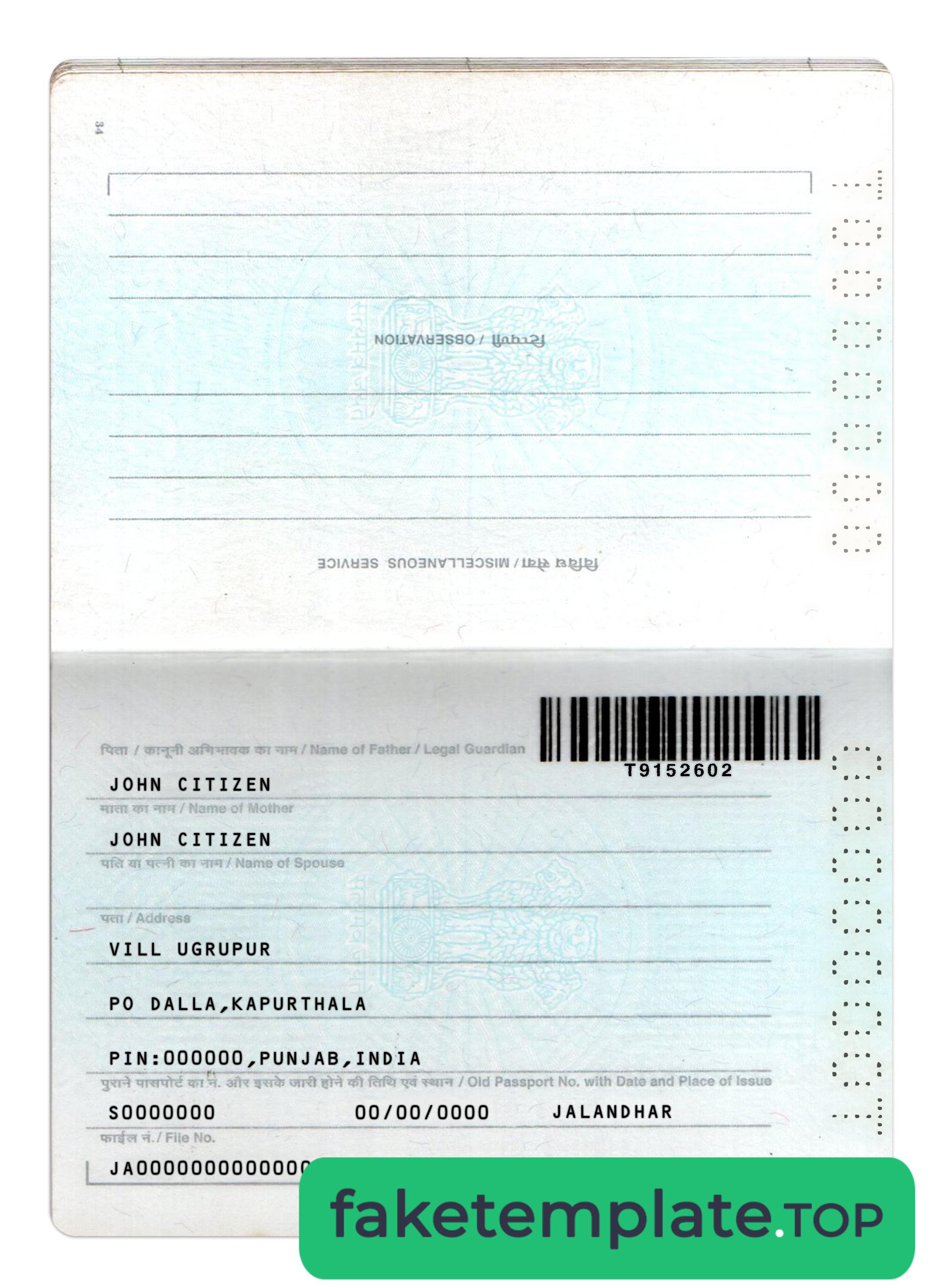 Feature of fake India passport example new version 2 pages 2